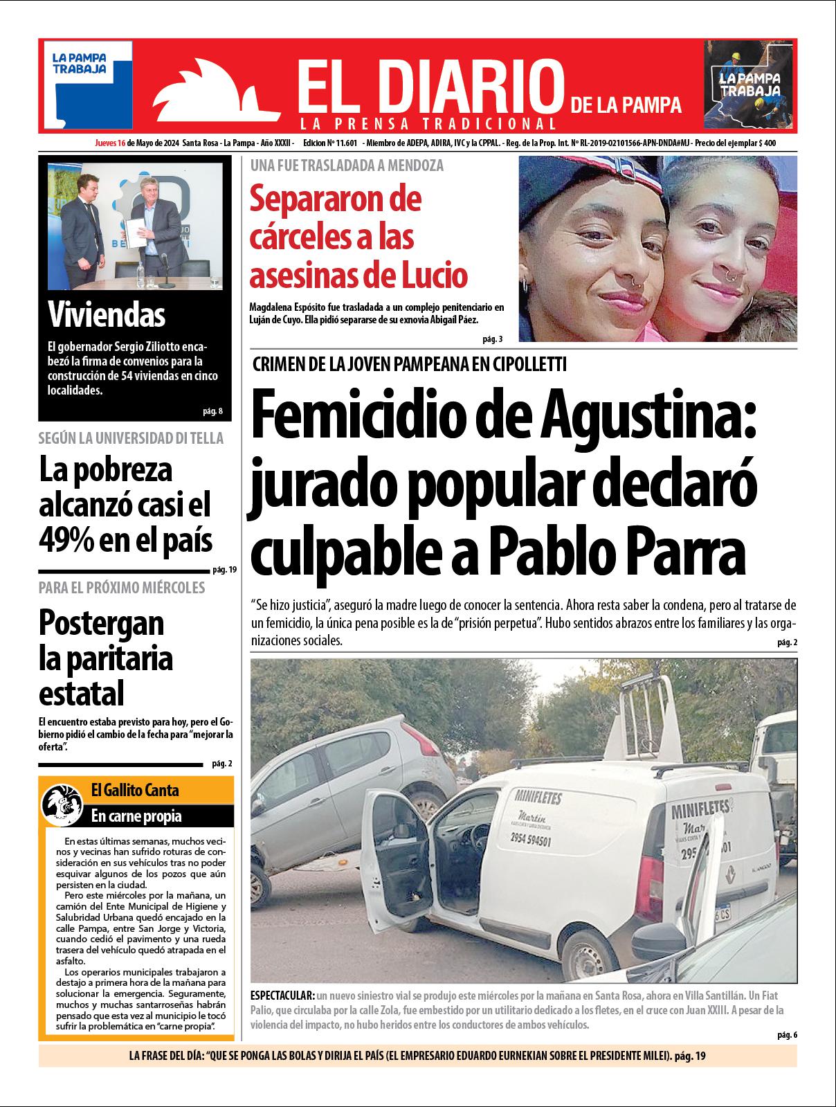 Tapa de El Diario en papel  jueves 16 de mayo de 2024
